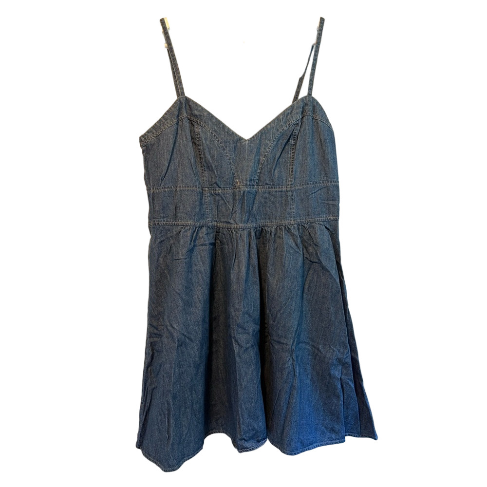 Express Denim Babydoll Dress Size Large Blue Smocked Back Spaghetti Strap Mini